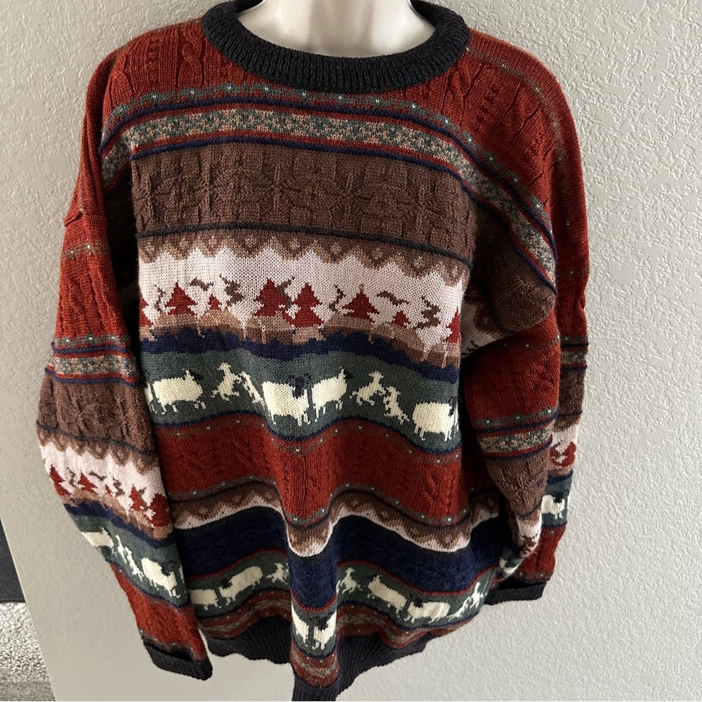 Vintage Red and Brown Patterned Crewneck Sweater